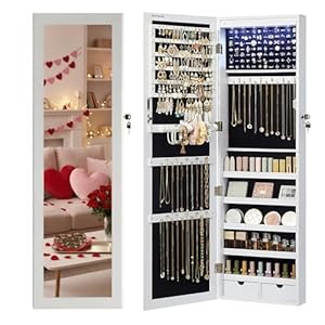 SONGMICS Schmuckschrank hängend, Wandspiegel, 6 LED-Glühbirnen, abschließbarer Spiegelschrank, Wandschrank, Wandmontage, an der Tür hängend, weihnachten, weiß mit Holzmaserung JBC93W