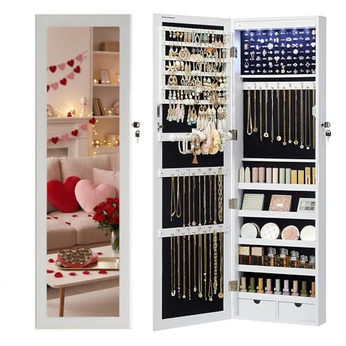 SONGMICS Specchio Portagioie con 6 Luci a LED, Alto 120 cm, Armadietto Portagioie da Parete o Porta con Chiusura e Specchio, 2 Cassetti, 10 x 37 x 120 cm, San Valentino, Bianco e Nero JBC93W