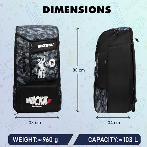 Image of WHACKK Kallis 103L Unisex Cricket Kit Bag Backpack | Adult Size | 2 Bat | Shoe /Helmet Pocket | Main Compartment 18 inch Leg Pad |2 Bottle Holder | Easy Access Pocket | Player Edition Senior (Grey Black)