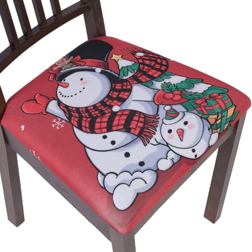 Image of SearchI 6 Pack Christmas Seat Covers for Dining Room Chairs Stretch Printed Xmas Chair Seat Covers, Removable Upholstered Chair Seat Protector for Christmas Decoration, Kitchen (Christmas Snowman)