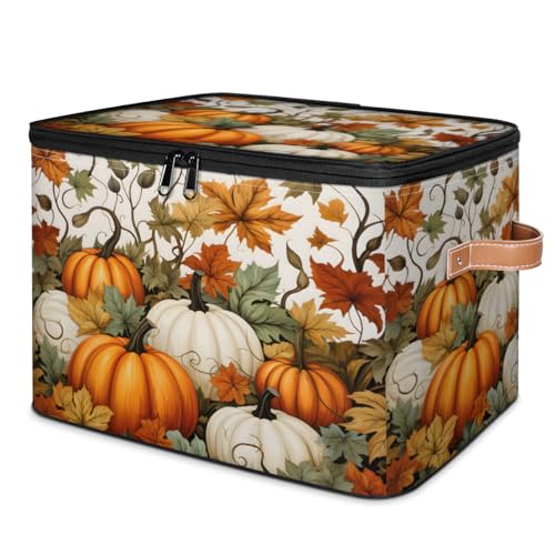 YCCZCPRL Fall Pumpkin Storage Bins with Lids, Maple Leaf Fabric Storage Boxes with Zipper, Collapsible Decorative Closet Organizer Cube for Clothes,Organizing, Shelves