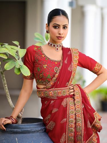 Image of Satrani Women's Georgette Bandhani Printed Sequence Lace Work Scalloped Border Saree with Unstitched Blouse Piece