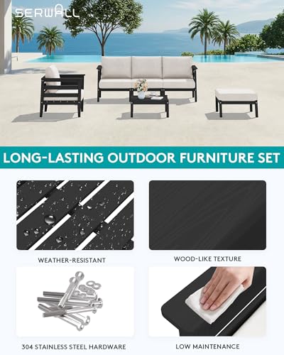 Image of SERWALL HDPE Patio Furniture Set, 6 Pieces Outdoor Sectional Sofa Set | All-Weather Wood-Like Outdoor Sofa Couch with Coffee Table, Modular Design for Flexible Combination