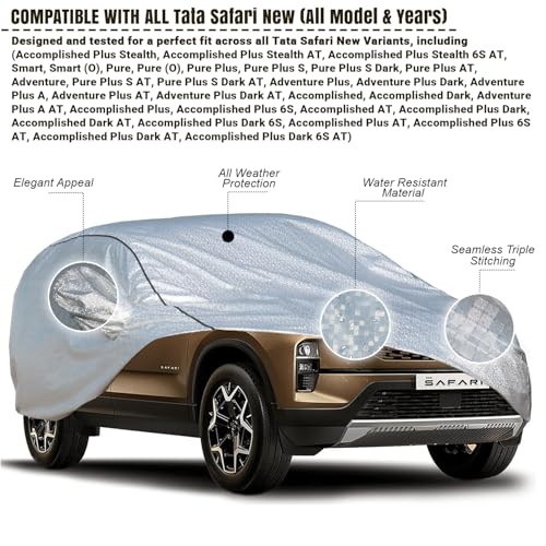 Image of Pivalo Car Cover for Safari New All Model & Years (2021-2025) 100% Waterproof with Mirror Pockets, Triple Stitched Bottom Elastic Dustproof Full Body Protection (Heat & UV Resistant, Silver)