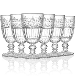 AVLA 6 Pack Glass Goblet, 12 OZ Vintage Wine Glassware, Romantic Wedding Glass Set, Drinking Stemware Beverage Cups for Party, Bar, Champagne, Juice, Beer, Cocktail, Embossed Design