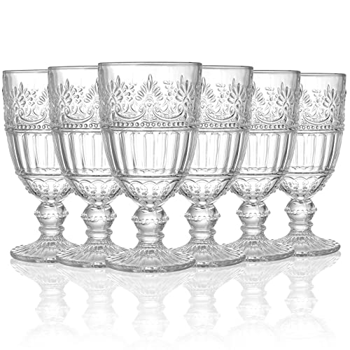 AVLA 6 Pack Glass Goblet, 12 OZ Vintage Wine Glassware, Romantic Wedding Glass Set, Drinking Stemware Beverage Cups for Party, Bar, Champagne, Juice, Beer, Cocktail, Embossed Design by AVLA - Used condition - CA$29.48