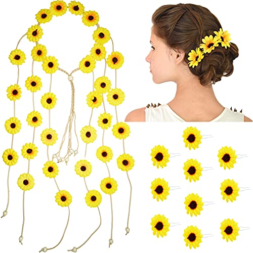 Floral Headband Hairpins Adjustable Sunflower Hairband Crown Wreath Floral Hair Clips Barrettes Hair Accessories for Women Girls Teens