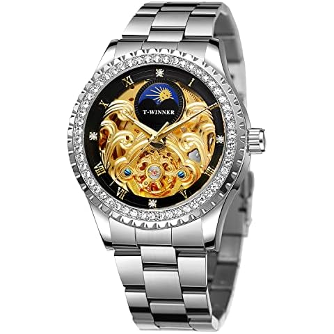 Forsining Men's Automatic Self Winding Moon Phase Watch Floral Skeleton Roman Number Diamond Dial Wrist Watch Cover