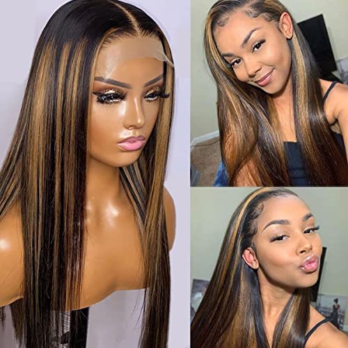 Ombre Highlight 13x4 Lace Front Human Hair Wig Straight Brown Blonde #FB30 Brazilian Remy Hair Ear to Ear Lace Frontal Wigs Pre Plucked with Baby Hair for Women 150% Density Free Part 18 inch
