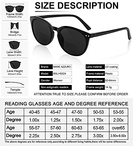 Image of MARE AZZURO Round Bifocal Reading Sunglasses Women Large Outdoor Readers 100 150 200 250 300 350 (Black, 1.50)