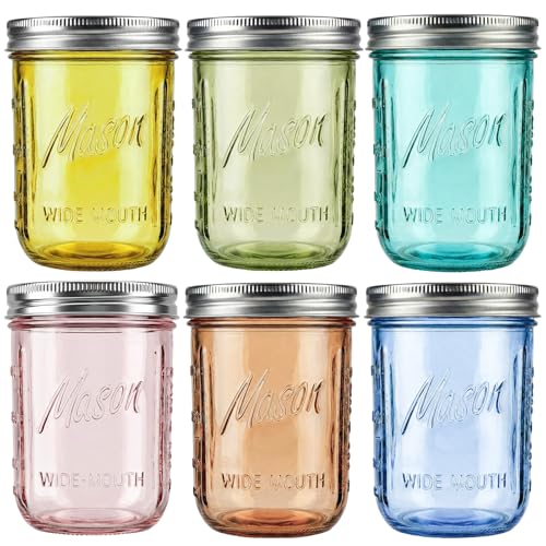 WELLIFE 6-Pack Colored Mason Jars 16 oz with Lids Wide Mouth Glass Jars in 6 Vibrant Colors Airtight Leak-Proof Canning Jars for Food Storage Drinks Crafts & Pantry Organization