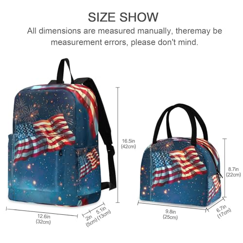 Bookbag Lunch Box Set Waterproof Cooler Backback, Lunch Box Backpacks Set Girls, American Flag Fireworks Blue2