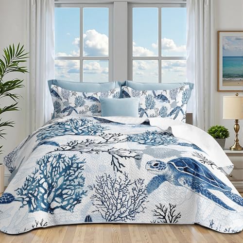 weesire Coastal Bedding Queen Size Coastal Quilt with 2 Shams, Nautical Beach Comforter Sets Ocean Bedspreads Blue Seaturtle Coverlet Summer Bedding, 90''x96''