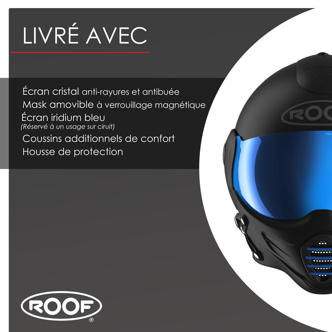 Casque Moto Jet Haut De Gamme ROOF Roadster en Fibre De Verre avec Mentonnière Amovible Magnétique Écran Iridium Inclus– Couleur Iron Noir Mat/Bleu - Offre Directe Usine - Garantie 4 Ans