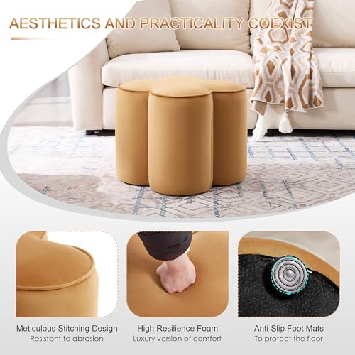 Image of Zesthouse Flower Pouf Ottoman Foot Rest Set of 2, Velvet Fabric Poofy Ottoman Footstool for Couch, Modern Living Room Stool for Under Entry Table, Cute Square Vanity Stool for Bedroom Dorm, Camel