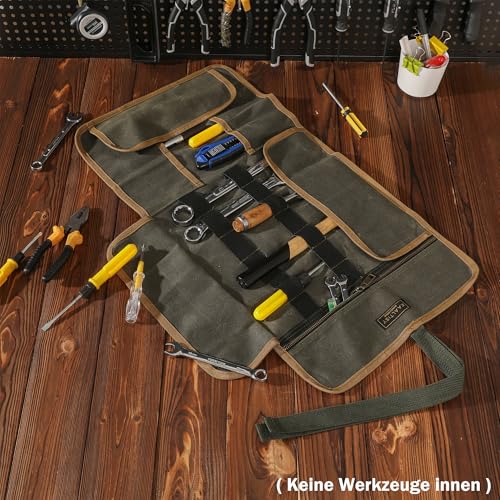 Canvas Tool Roll, 16OZ Waxed Canvas Tool Carrier Roll - Multipurpose Wrench Storage Roll with 9 Slots & 1 Zippered Pocket & Elastic Band, for Electrician Contractor Repairman - Army Green - Image 5