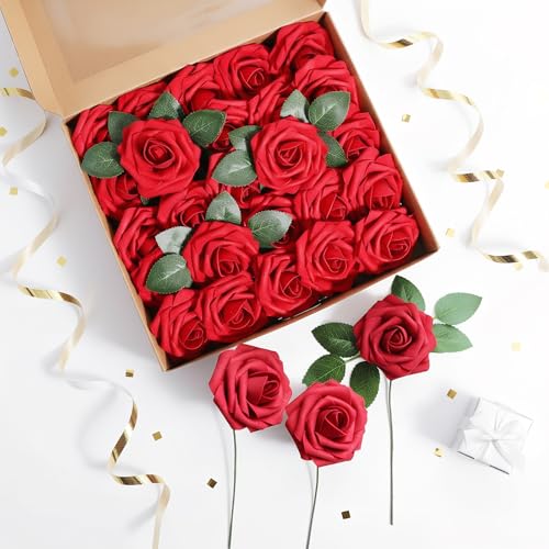 Probuk 25 rosas artificiales rojas, elegantes y versátiles, aspecto realista, 27 x 25 x 5 cm (caja), 8 cm de diámetro, tallo de 20 cm, uso en interiores, perfectas para bodas, cumpleaños, fiestas
