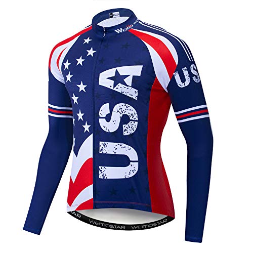 Weimostar Men's Cycling Jersey Long Sleeve Bicycle MTB Bike Shirt Top Cycle Clothing Team USA Blue Size L