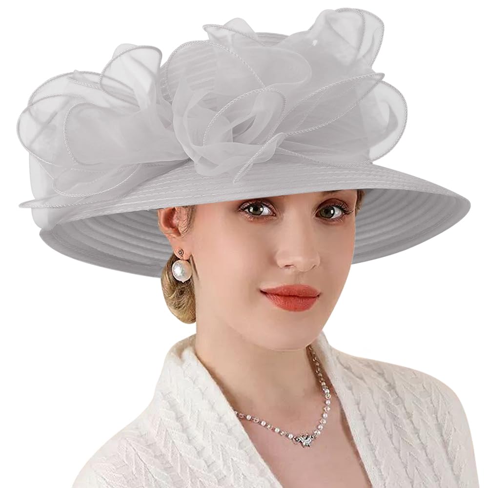 DRESHOW Lady Derby Dress Church Bowler Cloche Hat Bowknot Organza Bridal Cap for Wedding