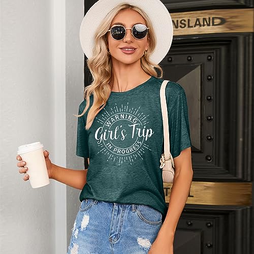 Image of Women's Casual Warning Girls Trip in Progress T-Shirt Casual Crewneck Short Sleeve Graphic Tee