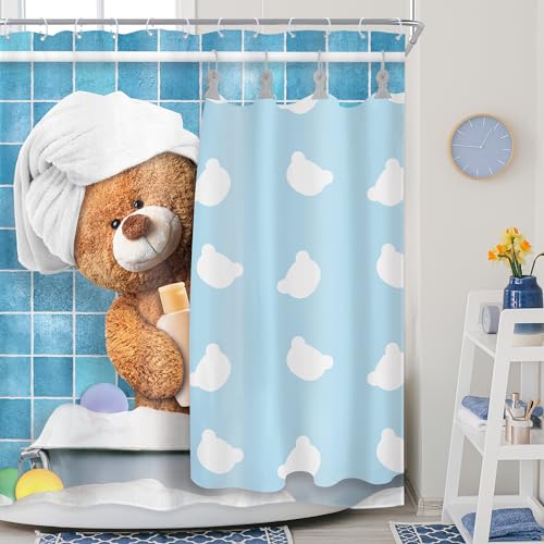 Riyidecor Funny Bear Shower Curtain 60Wx72H Inch Kids Cute Cartoon Blue Bathing Animal in Bathtub Bubbles Lovely Modern for Boys Girls Bathroom Decor Fabric Polyester Waterproof 12 Pack Hooks