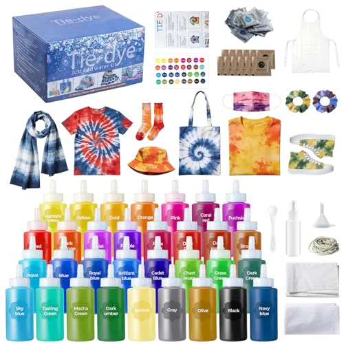 URBZUE Tie Dye Kit, 32 Farben Textilfarben Set Farbstoff mit Gummibänder Handschuhe, ungiftige Stofffarben Set für Kunsthandwerk Aktivität, Batikfarben DIY-Projekt für Kinder & Erwachsene