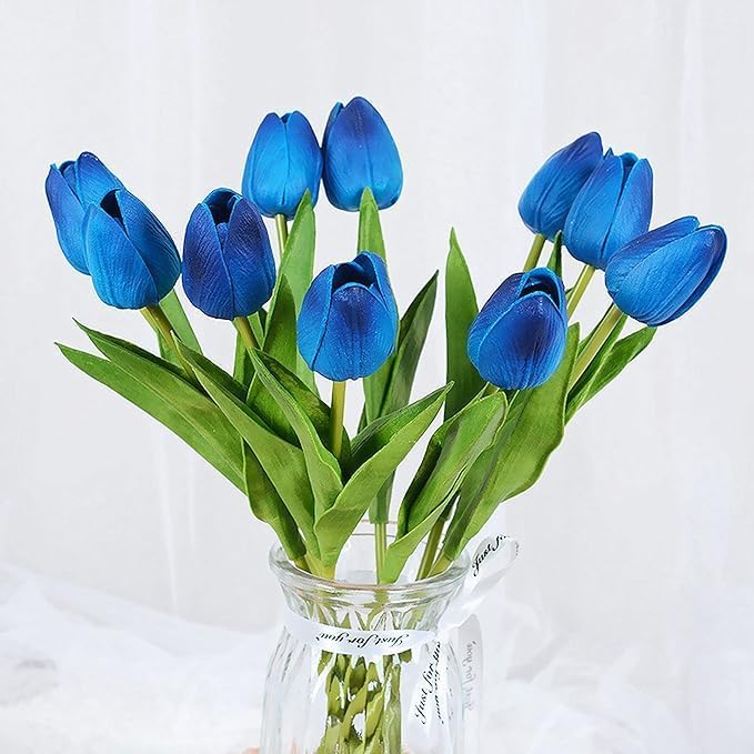 Image of Garden Art Artificial Tulip Flowers (Pack of 5) | Real Touch Silicone Single Stem Tulips for Home Decor, Living Room, Office, Vase & Wedding Decoration GAASTFB-1H-33Y (Blue)