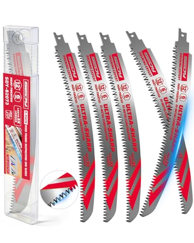 12 Inch Japanese Teeth Reciprocating Saw Blades, 6TPI Arc Edge Wood Pruning Saw Blades Set with Storage Box for Tree Trimming, Wood Cutting, 5 Pack