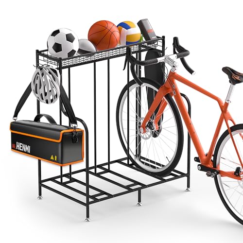 HENMI Fahrradständer Boden mit 3 Fahrrad Ständer Stellplätze, Extra Breiten Korb, 2 Haken, Fahrradaufbewahrung Fahrradunterstand, Fahrradträger für Rennrad E-Bike Mountainbike...