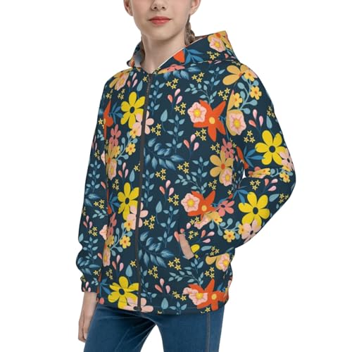 Blue Floral Kid Hoodies Boys Zip Up Sweatshirts Girls Pullover with Pocket