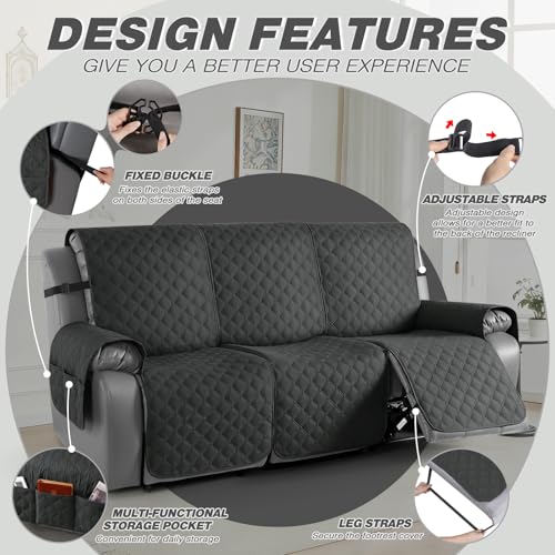 Image of TAOCOCO 100% Waterproof Recliner Covers, Recliner Sofa Covers with Leg Straps, Reversible Recliner Couch Cover for Reclining Chair, Washable Couch Protector for Pets Kids(3 Seater, Charcoal Gray)