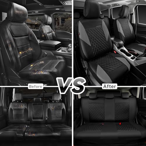 Image of CAR PASS Quilting Leather Seat Covers Full Set,Universal Waterproof Deluxe PU Premium Car Seat Cover with 5mm Composite Sponge Inside,Airbag Compatible,Front and Rear Seat Cover for Sedan SUV Van,Gray
