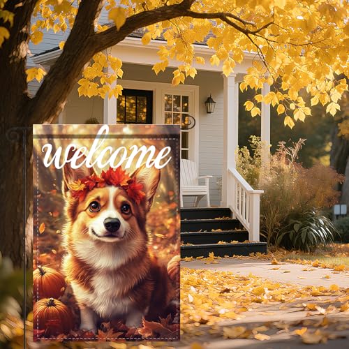 Image of Nuxovilar 12x18 inch Corgi Dog Autumn Leaf Wreath Flag | Double-sided Corgi dog and autumn leaf wreath flag for porch and yard decor.