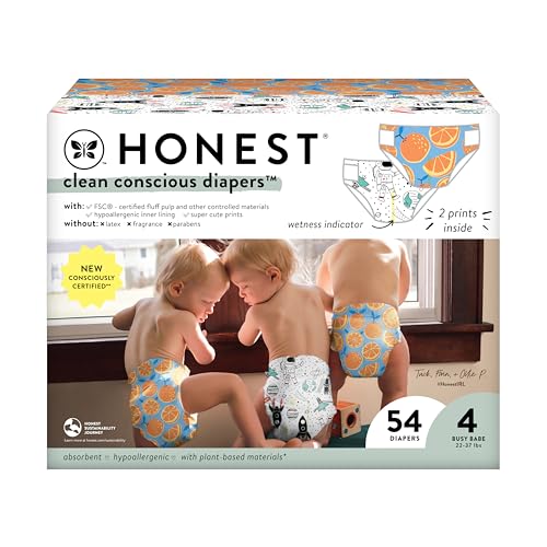 Image of The Honest Company Clean Conscious Diapers for Sensitive Skin | Hypoallergenic, Fragrance Free | Gender Neutral Prints | Club Box, Size 4 (22-37 lbs), 54 Count