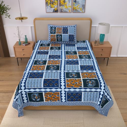 Image of 100% Cotton Single Bedsheet with 1 Pillow Cover | 240 TC Pure Cotton Flat Bed Sheet | Traditional Jaipuri Printed Bedding Set | Soft & Breathable | 60 x 90 Inch (Rangmahal Single 64)