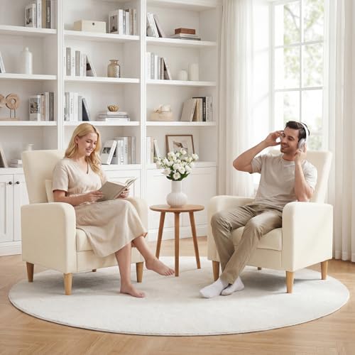 Image of COLAMY Mid-Century Modern Accent Chairs Set of 2, Fabric Upholstered Living Room Chairs with Back Pillow & Solid Wood Legs, Comfy Armchair for Living Room, Bedroom, Single Sofa, Beige