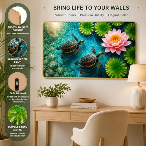 Image of Arkasto Turtle Lotus Wall Painting for Living Room | Nature Wall Art with Lotus Flower & Turtle Design | Premium UV Printed MDF Decor | Waterproof & Anti Fade | Golden Edge Frame | 24 x 18 Inch