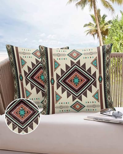 Boanket Outdoor Pillow Covers 26 x 26 in, Brown Western Waterproof Throw Pillow Cover Set of 2, Ethnic Boho Geometric Southwest Home Decorative Square Cushion Covers for Patio/Tent/Couch/Garden