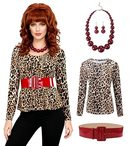 Kimoruro Womens Leopard Print Halloween Costume with Necklace and belt Vintage Style Party Shirt Cosplay Outfit (Shirt with accessory 2X-Large)