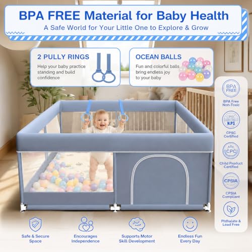 Image of MONSTECH Large Baby Playpen 120x120cm Playpen for Babies up to 5 Years with Balls, Anti-Fall Rings, Safety Lock, Breathable Mesh Playpen for Babies, Kids Activity Center (120 * 120 Blue)