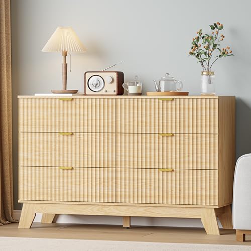 Image of Dresser 6 Drawer Dresser for Bedroom, 47''W Fluted Wooden Dresser Storage Cabinet and Chest of Drawers with Metal Handle, Storage Organizer for Living Room, Hallway, Entryway, Nature Oak