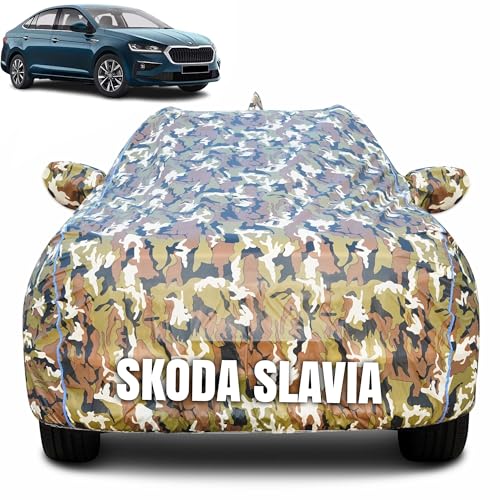 Image of 100% Waterproof Car Body Cover for Skoda Slavia with Mirror Pocket (Heat & UV Resistant, Triple Stitched, Soft Lining, Bottom Elastic & Piping) Camouflage, Military Print