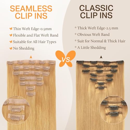 Image of DOORES Seamless Clip in Hair Extensions Real Human Hair, Honey Blonde 110g 7pcs 20 Inch, Extensions Clip in Straight Remy Hair Invisi Edge