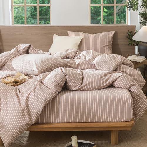 Image of MooMee Striped Duvet Cover Set 100% Washed Cotton Linen Like Twin | Relaxed Linen-like Texture. Soft, Breathable & Long-lasting Comfort. Lightweight. Hidden Zipper with 8 Interior Corner Ties