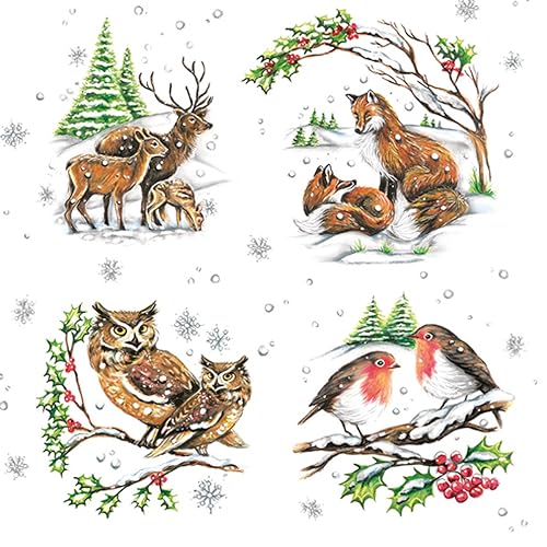3-Ply Xmas Decoupage Tissue Paper Napkins Decorative Christmas Serviettes 33cm x 33cm - Pack of 20 (Winter Animals)