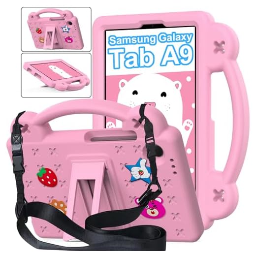 Capa para Samsung Galaxy Tab A9 8,7 polegadas 2023 (SM-X110/X115/X117), Acessórios DIY para Crianças, Capa à Prova de Choque com Alça de Ombro, Alça/Suporte, Rosa-A
