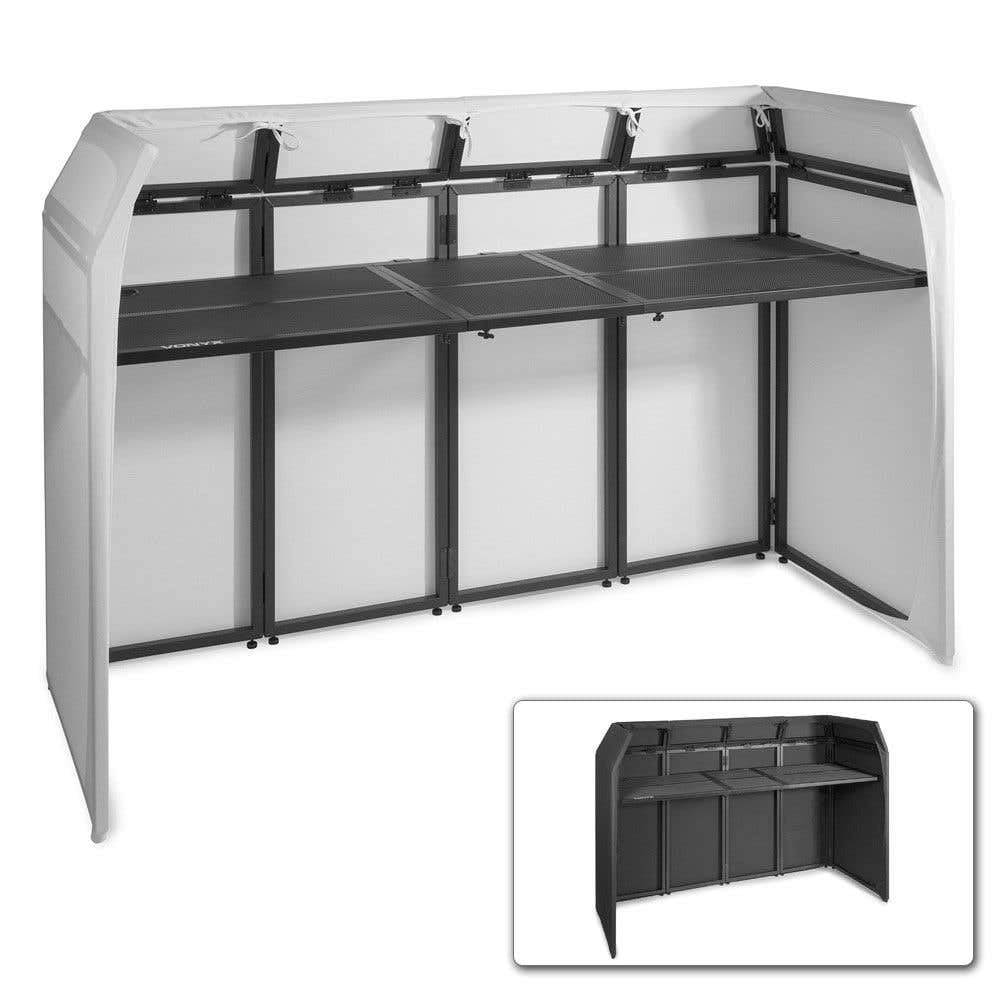 Vonyx DB5 Pro DJ Booth DJ Stand DJ - Tavolo da DJ, Pieghevole, in Alluminio, con Copertura Bianca e Nera, Materiale di Copertura: Lycra, Borsa inclusa, Carico Massimo: 80 kg