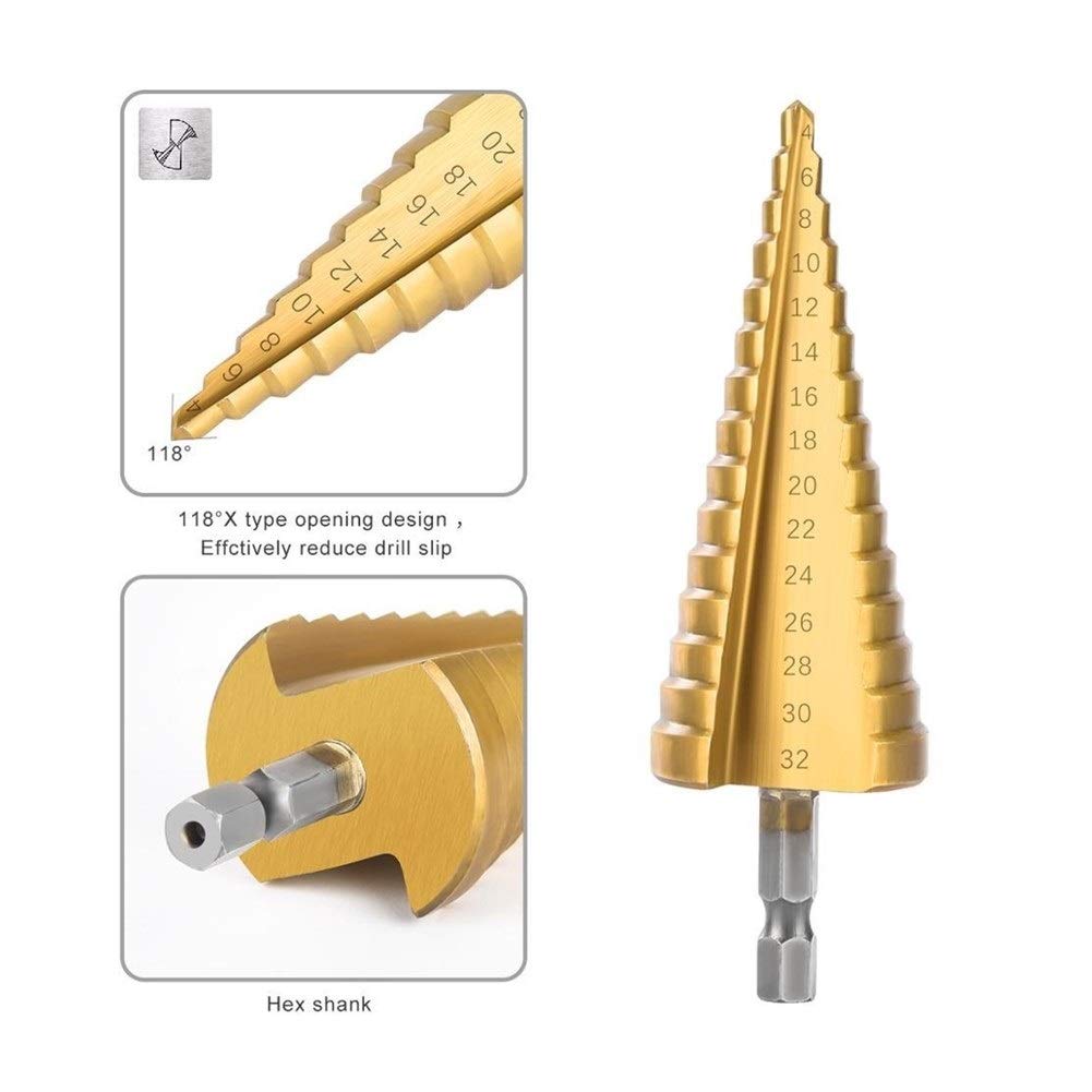 Wiercenie wiertła stopniowe HSS wiertło stopniowe do metalu drewno wiertło stożkowe wiertło stożkowe narzędzia do obróbki drewna (kolor: 1 szt. 4 32mm, kształt trzpienia: sześciokątny) (rozmiar (4 1