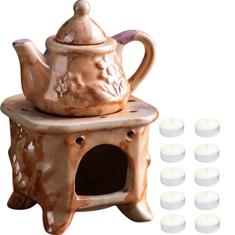 WAYUTO Keramik-Duftlampe für ätherische Öle, Diffusor mit 10 Kerzen, Teekanne, Teelichthalter, Aromatherapie, Ölwärmer, Wachsschmelzbrenner für Valentinstag, Schlafzimmer, Balkon, Yoga, Meditation,