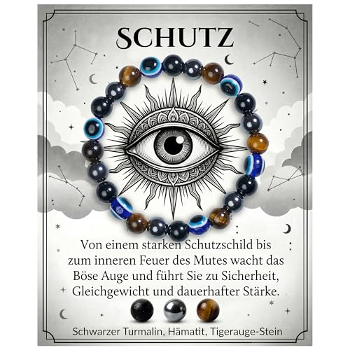 Bivei Nazar Boncuk Schutzarmband Kraftstein Heilstein Armband 8MM mit Schwarzem Turmalin Hämatit & Tigerauge - Dehnbares Elastischer Perlenarmband für Damen & Herren als Geschen